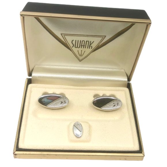 VINTAGE Swank Cuff Links & Tie Clip~Silver Tone~IN BOX - Picture 1 of 4